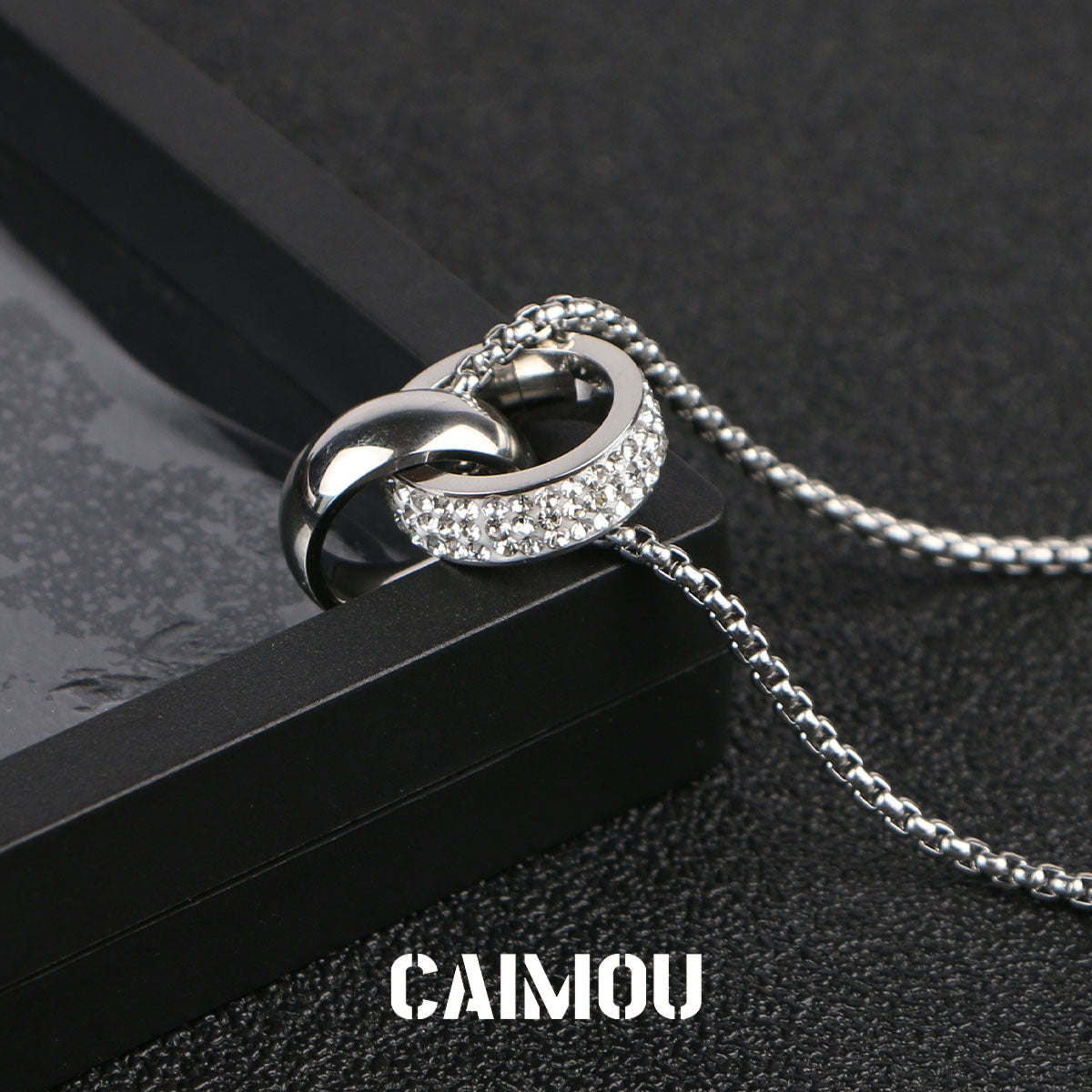 Full Paved Crystal Interlocking Double Ring Necklace