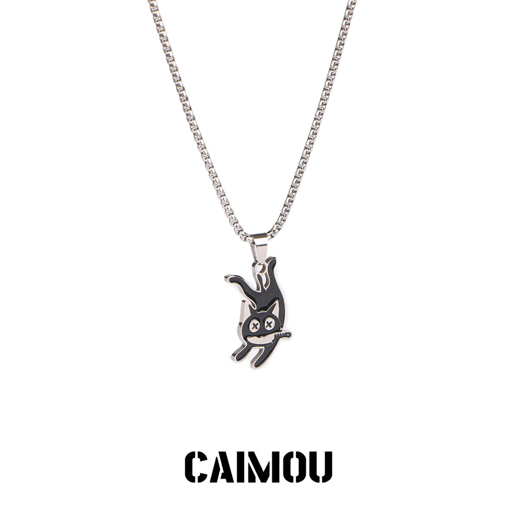 Knife-Holding Cat Pendant Necklace (Lay Flat Version)