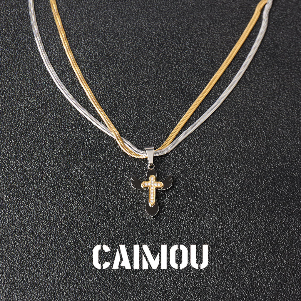 Double-layered two-tone cross necklace