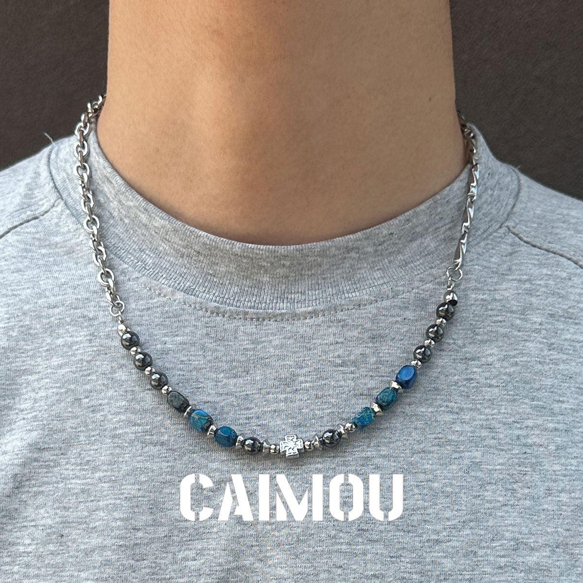 Cross Blue Square Stone Beaded Necklace