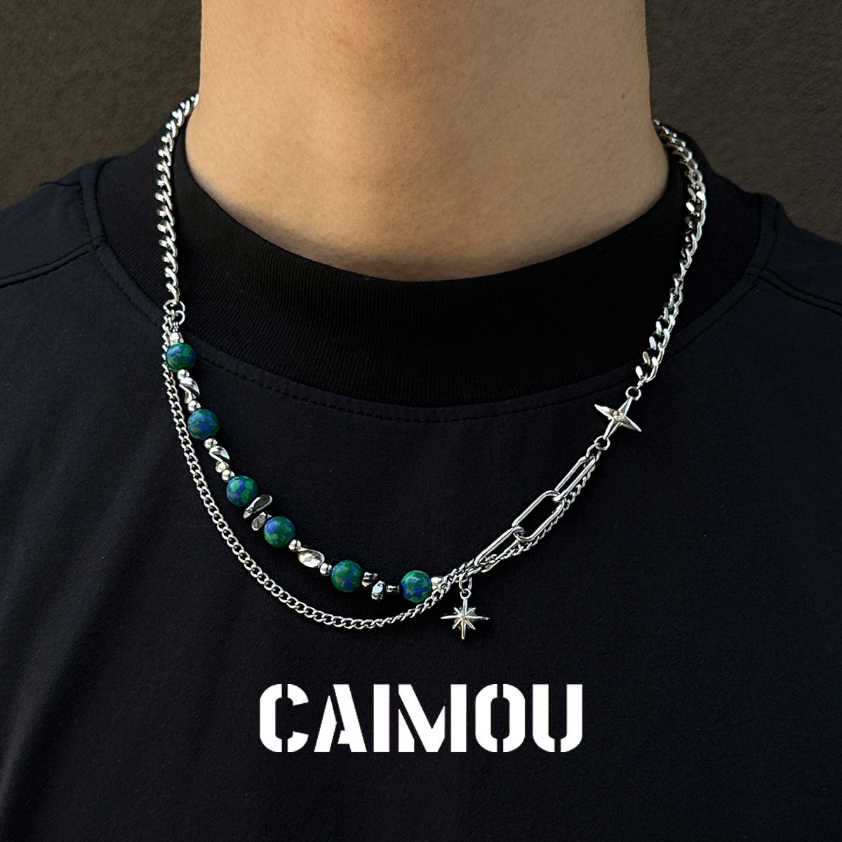 Octagram Green Stone Spliced Necklace