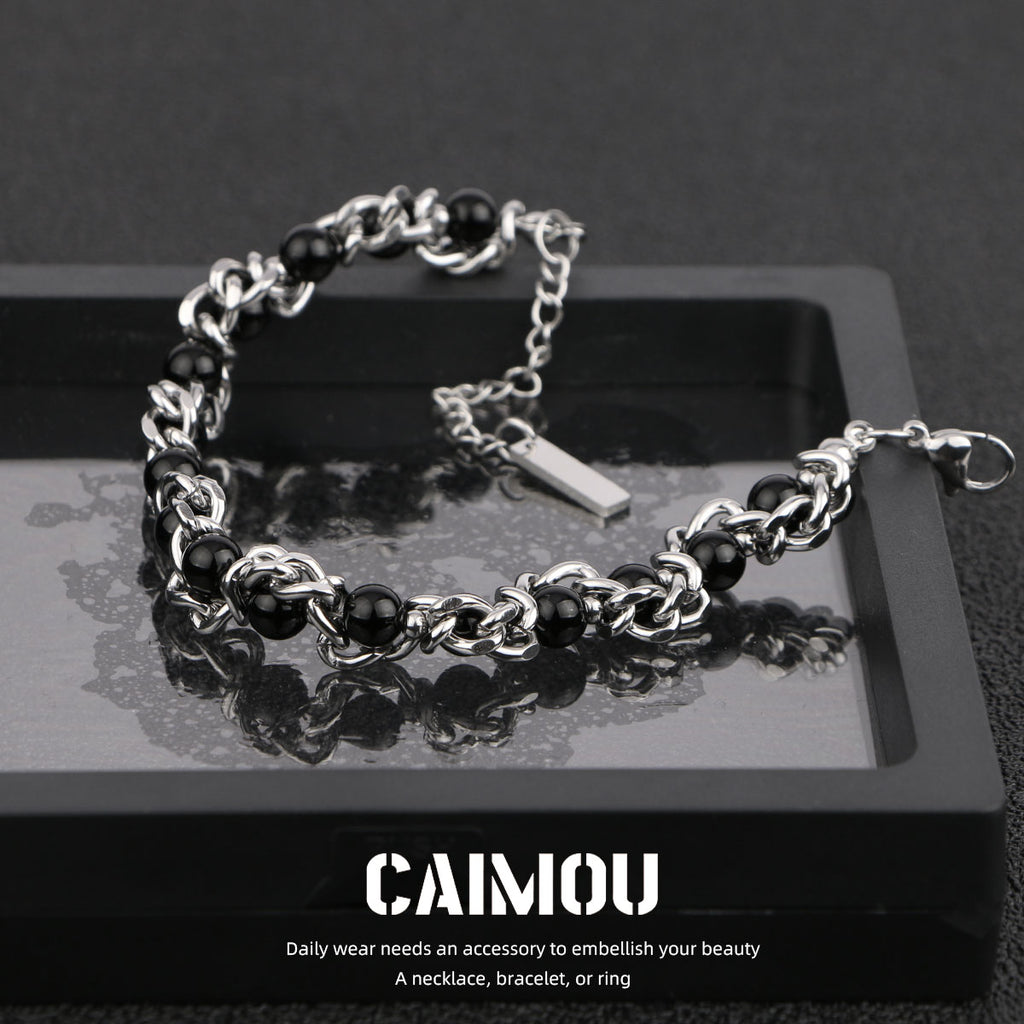 Heavy Woven Black Bead Cuban Bracelet