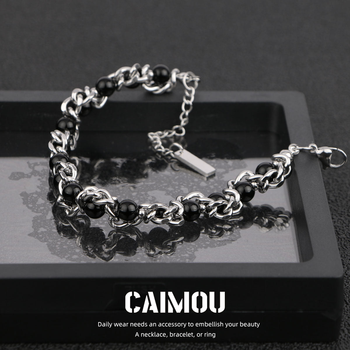 Heavy Woven Black Bead Cuban Bracelet