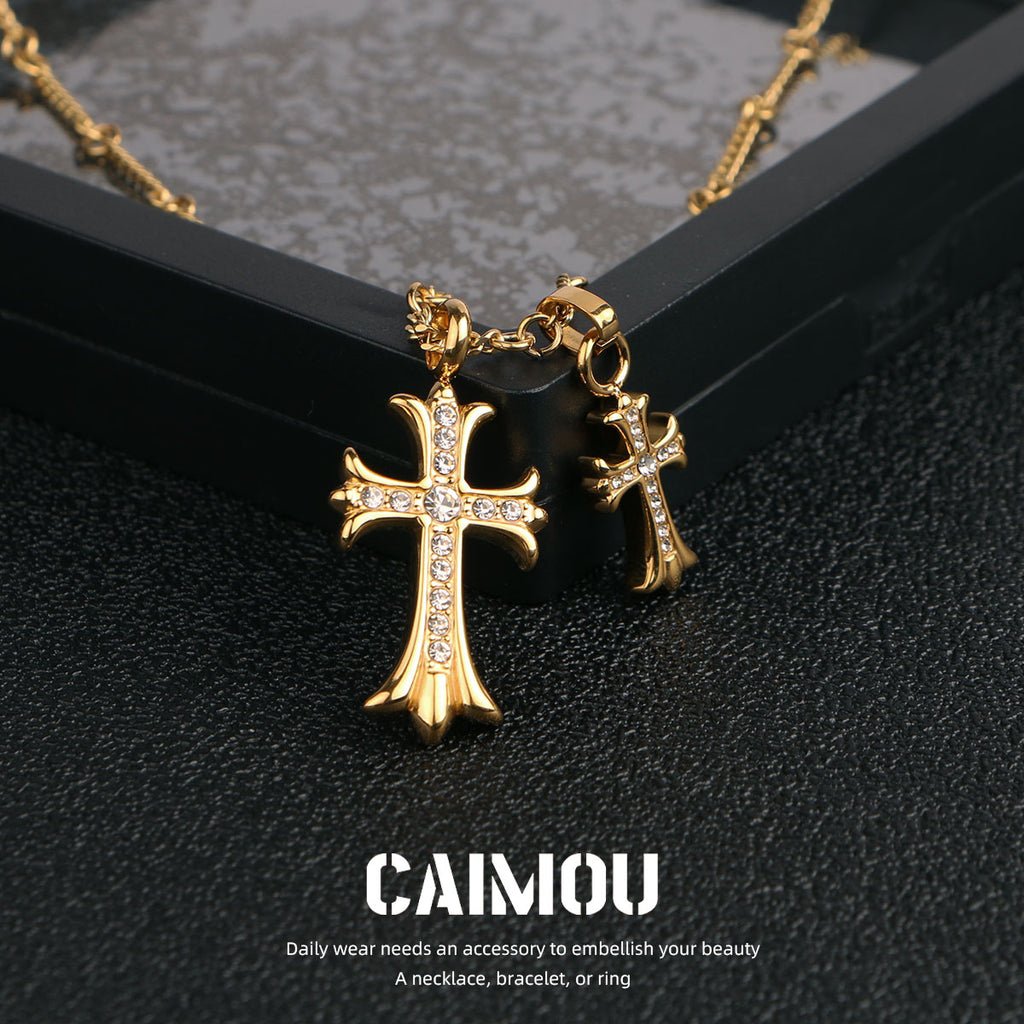 Gold Double Cross Rhinestone Necklace