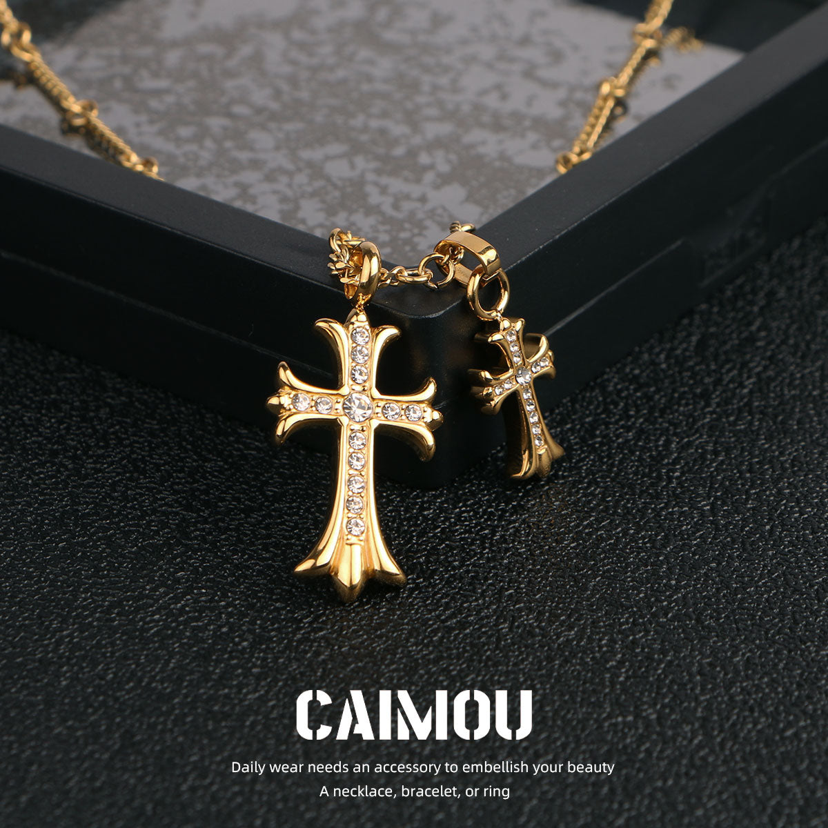 Gold Double Cross Rhinestone Necklace