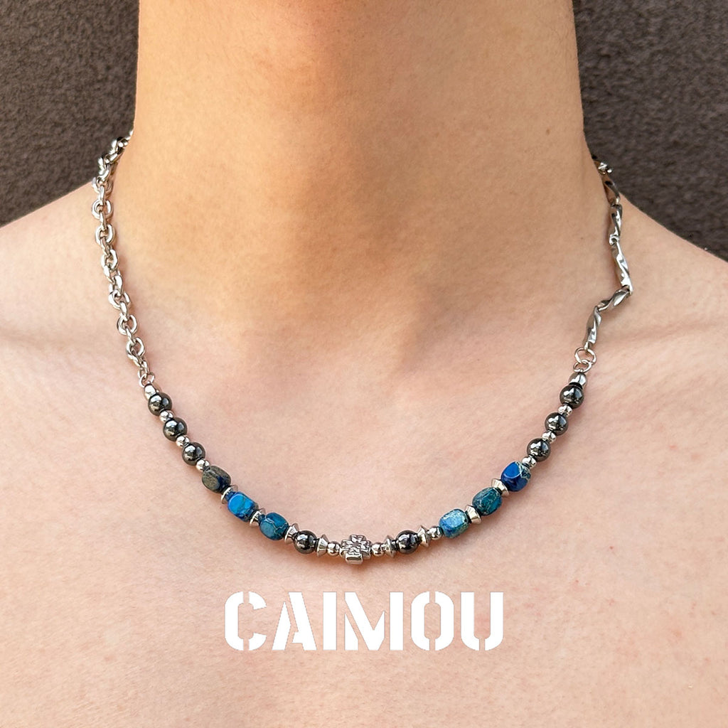 Cross Blue Square Stone Beaded Necklace
