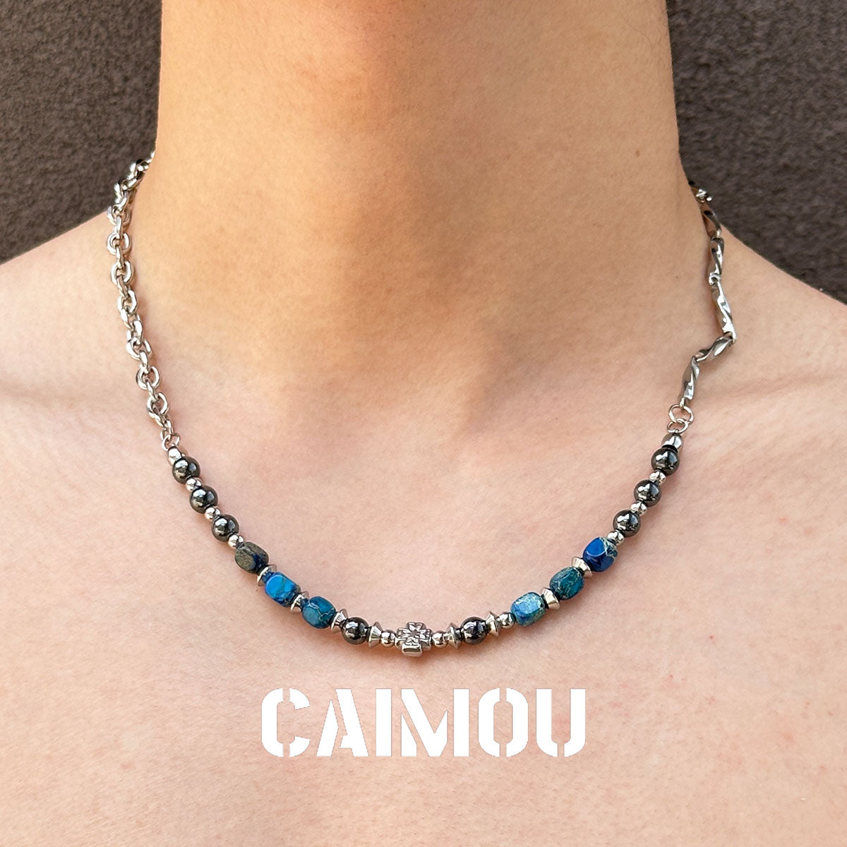 Cross Blue Square Stone Beaded Necklace