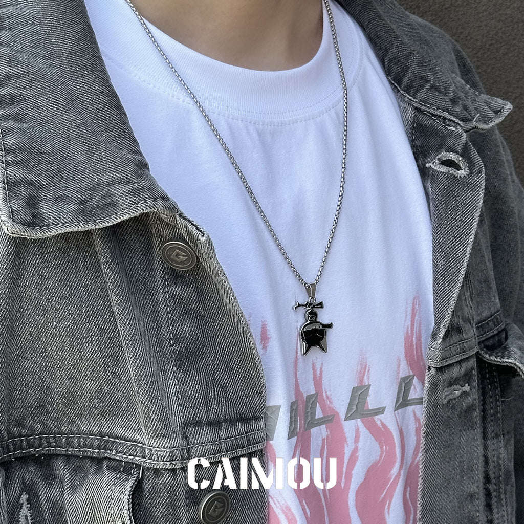 Inverted Knife-Holding Cat Pendant Necklace