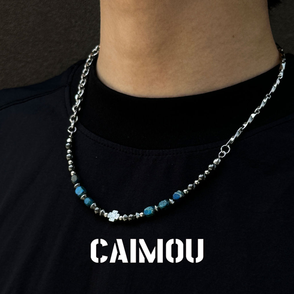 Cross Blue Square Stone Beaded Necklace