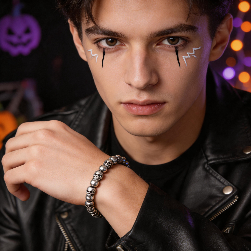 Woman wearing silver-tone skull bead bracelets with a Halloween look