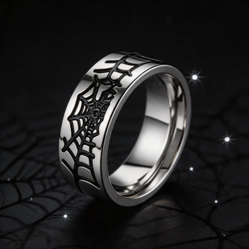 Spiderweb band ring worn with a black leather jacket