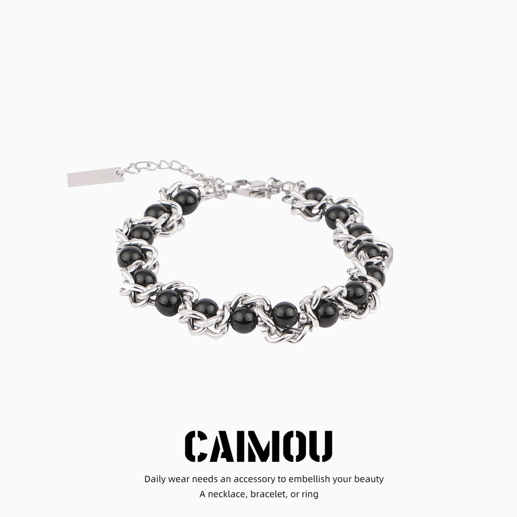Heavy Woven Black Bead Cuban Bracelet