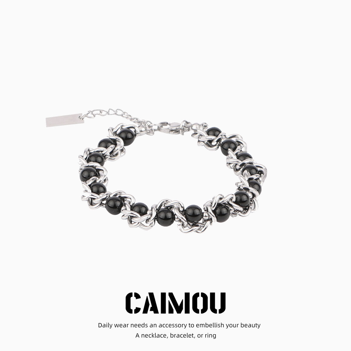 Heavy Woven Black Bead Cuban Bracelet
