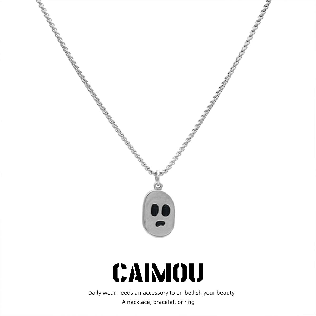 Silver-tone ghost face pendant necklace on a white background