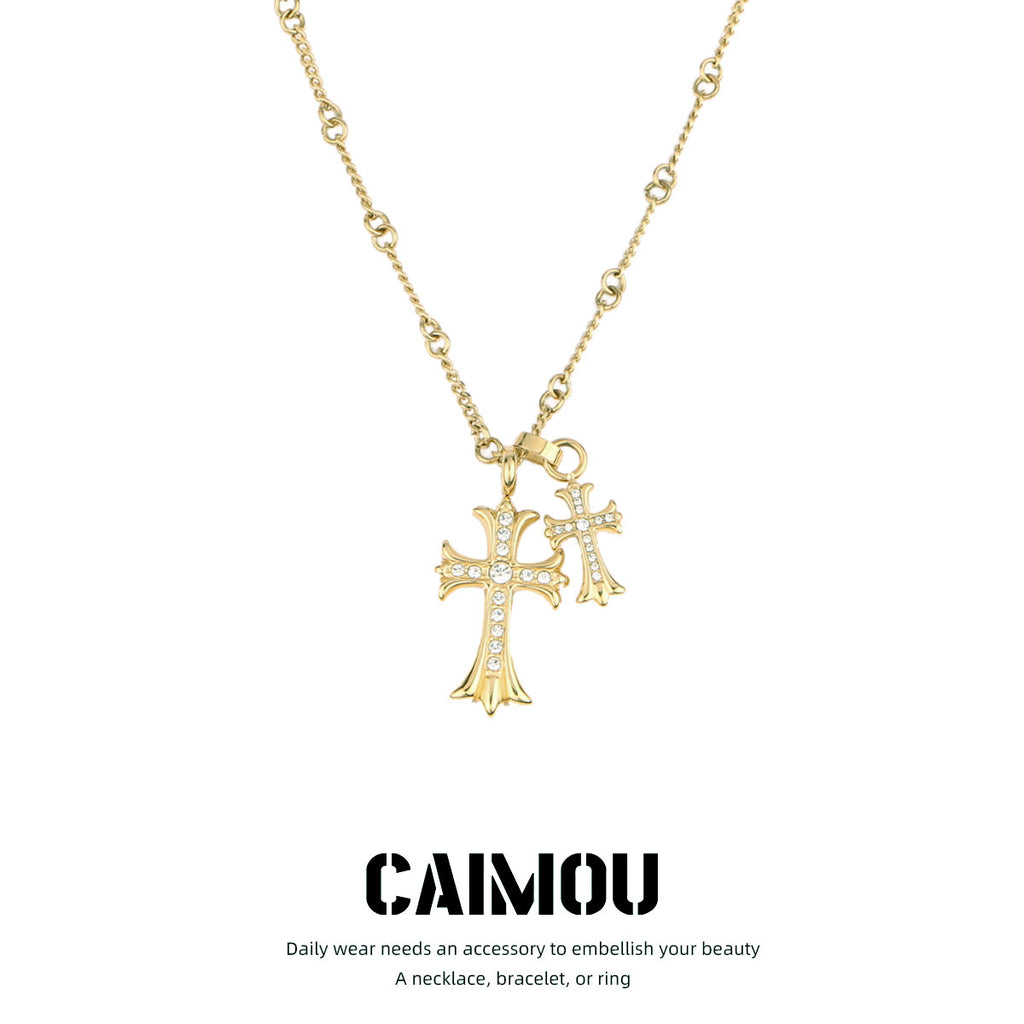 Gold Double Cross Rhinestone Necklace