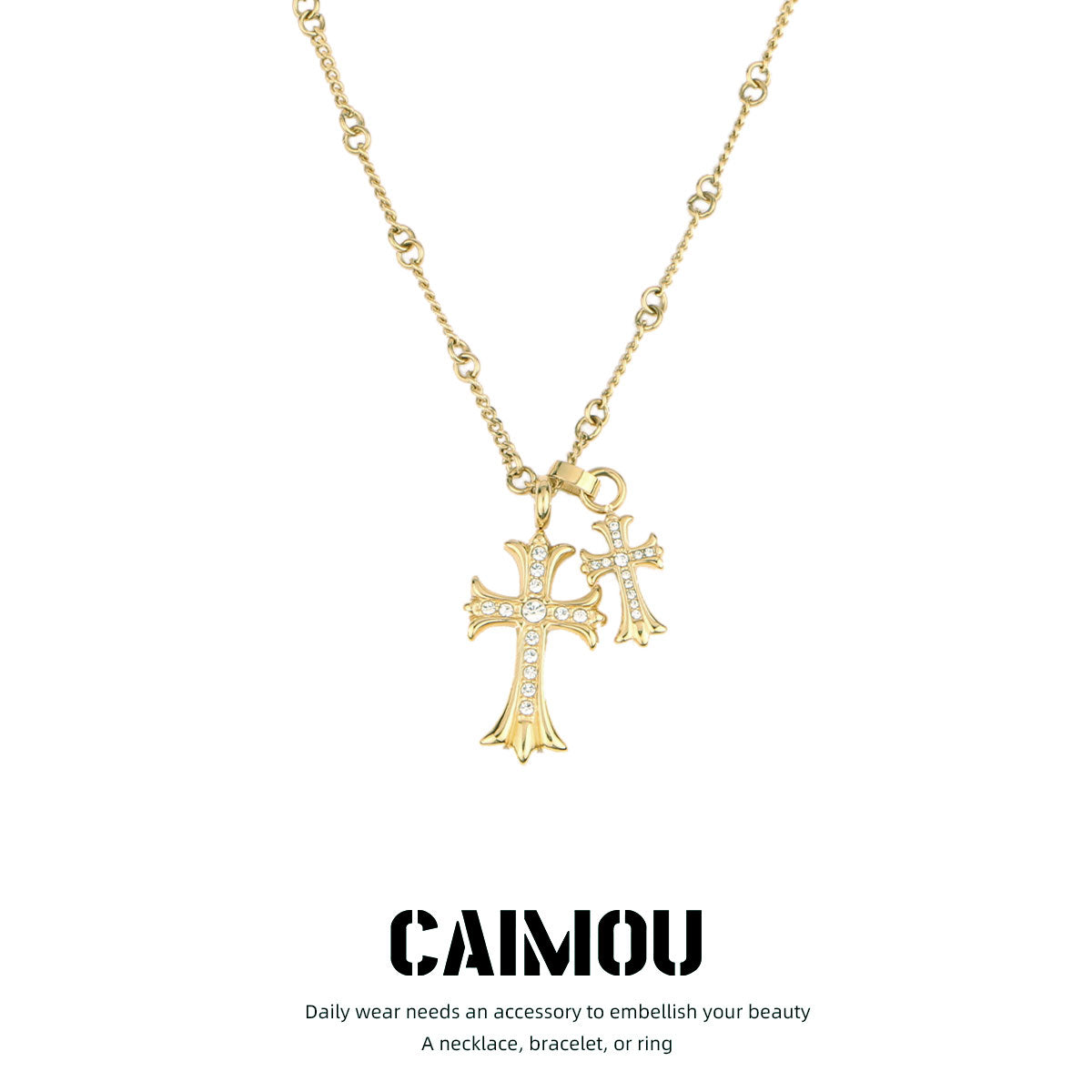 Gold Double Cross Rhinestone Necklace